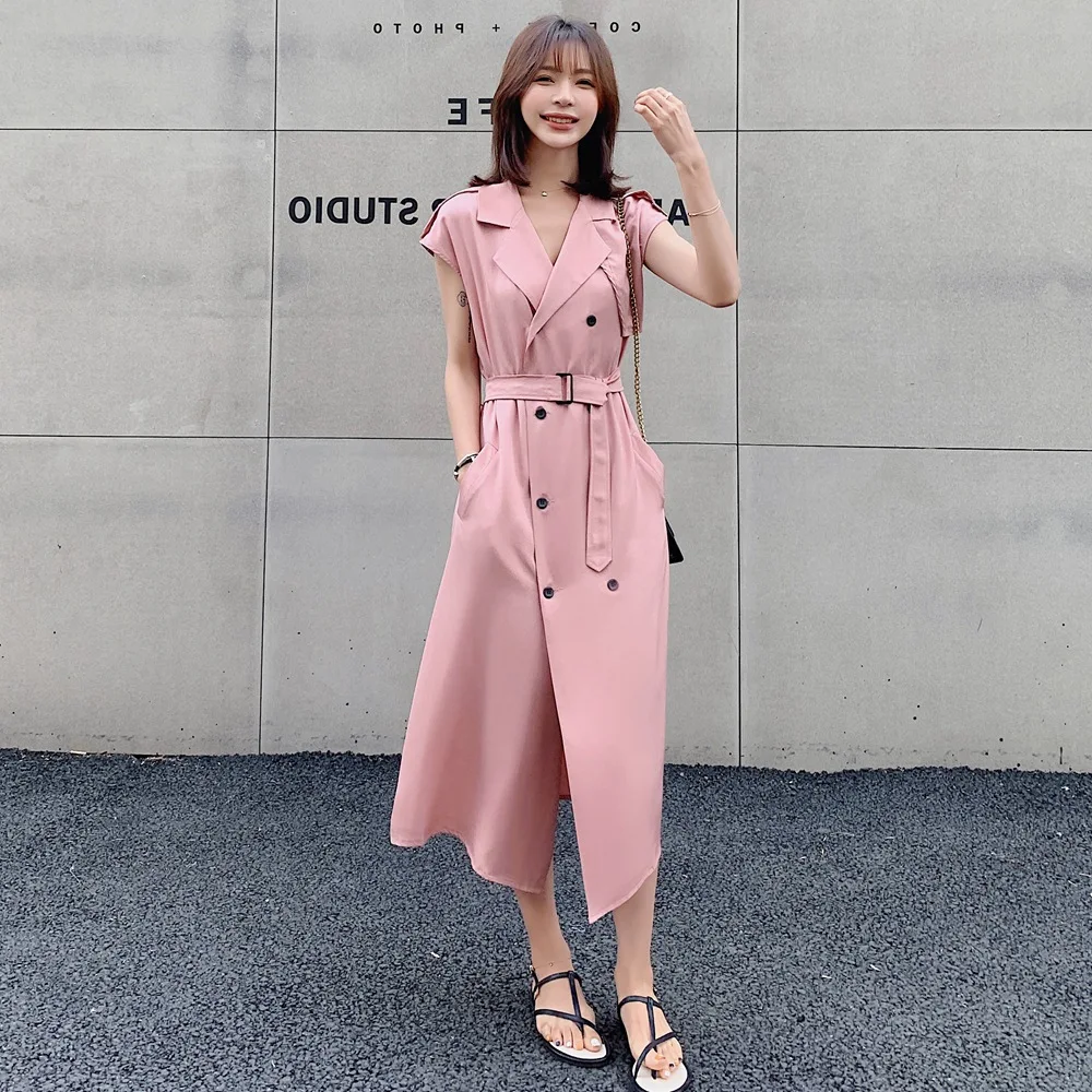 

France Non-mainstream Skirt 2019 Summer New Style French Retro Laziness-Style Double Breasted Waist Hugging Slimming Dress Women