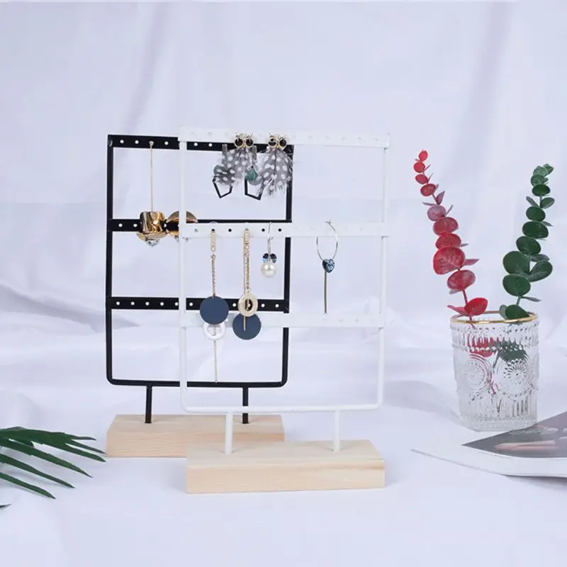 

36 Holes Wooden Jewelry Display Stand Metal Hook Simple Retro Earrings Necklace Bracelet Holder Storage Rack