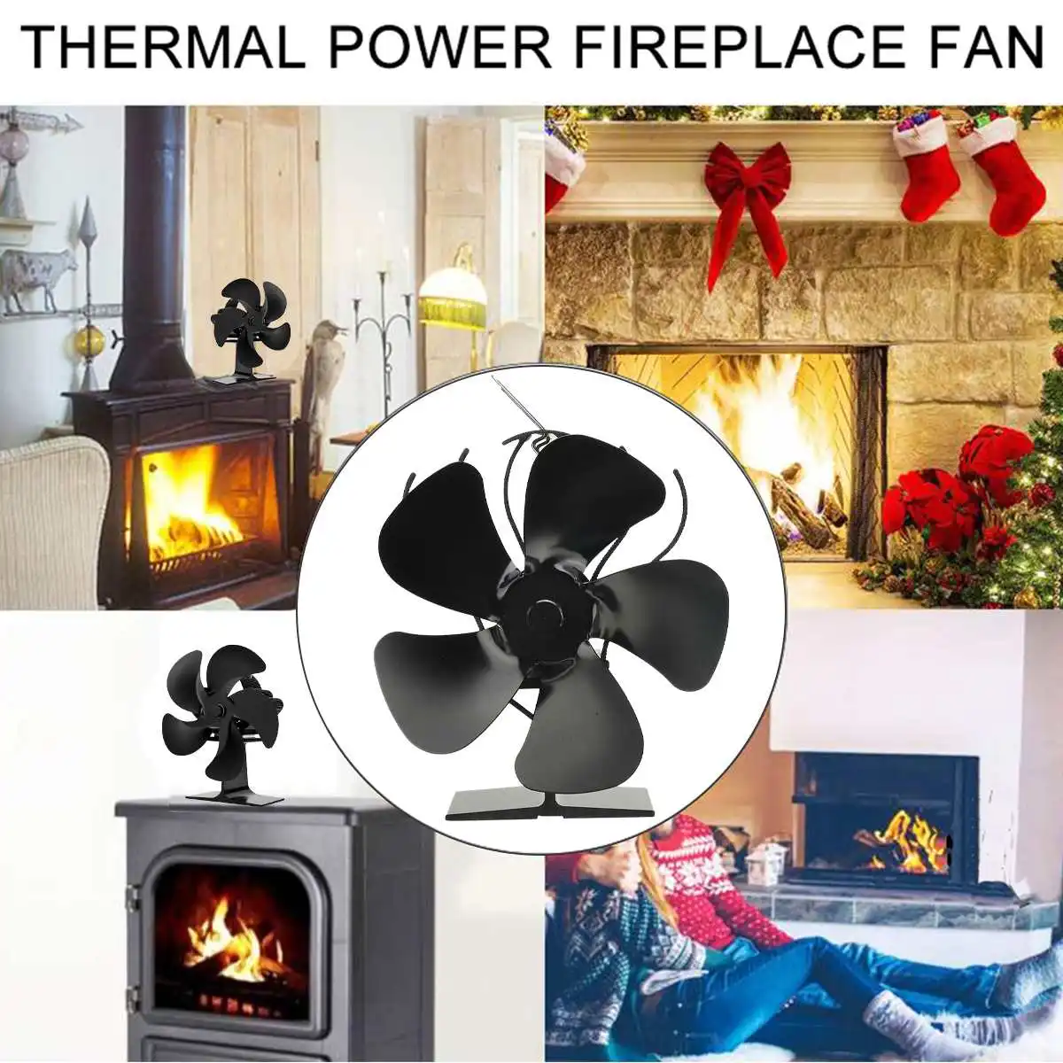 Ventilateur de cheminée noir à 5 pales, brûleur à bois, Ecofan, silencieux,  pour la maison, Distribution de chaleur efficace