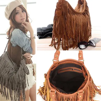 

Hot Sale Women Tassels and Fringes Suede Shoulder Messenger Bags 2020 New Fashion Ladies Crossbody Purse Handbag Tote Brown Gray