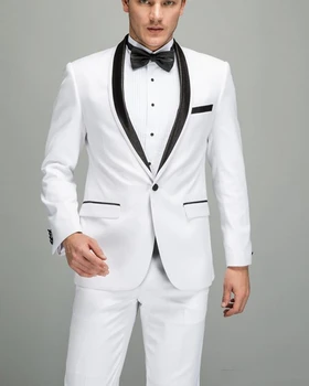 

2019 Tailor Made White Mens Suits for Groom Black Shawl Lapel Wedding Tuxedos Slim Fit Blazer Jacket Pants Man 2 PCS