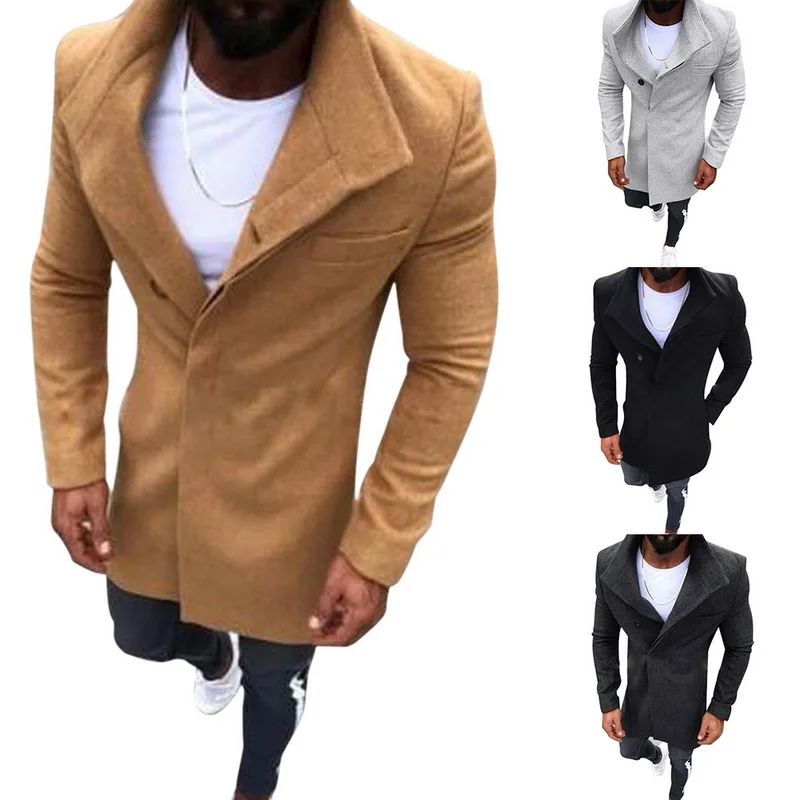 Winter Coat Men Long Trench Jacket New Fashion Mens Wool Button Solid Color Sleeved Windbreaker |