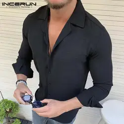 INCERUN модная однотонная мужская приталенная футболка с длинными рукавами, подходящая для красивых отворотов на пуговицах, повседневные
