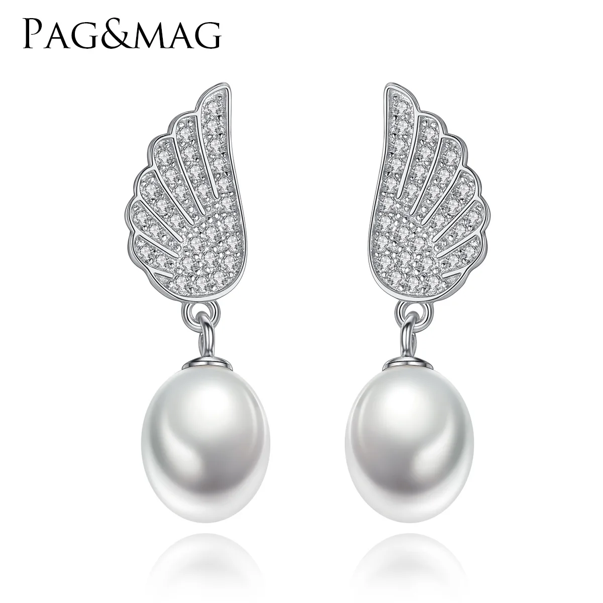PAG & MAG S925 pure silver earrings natural fresh water pearl Korean version fresh angel wing earrings earrings