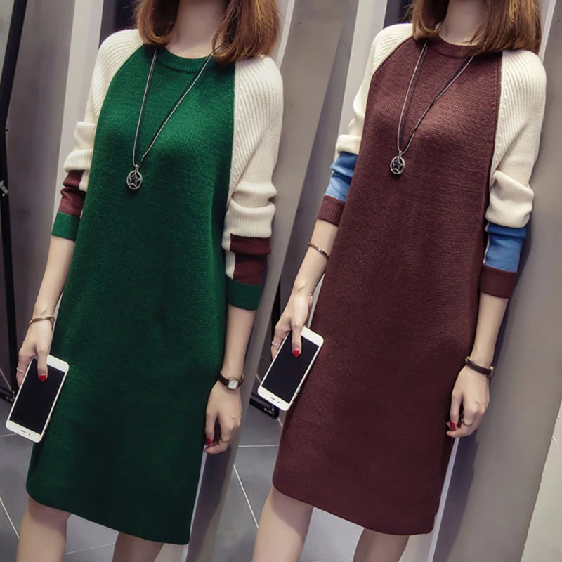 

Women Autumn New Fashion Simple Sweater Dress Female Plus Size Mid-long O Neck Knitted Sweater Dresses