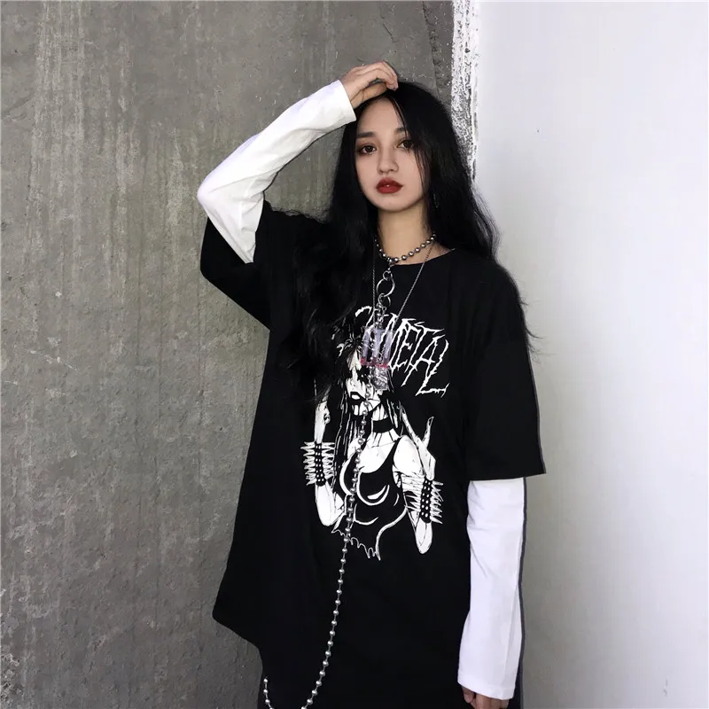 Woherb Harajuku, Темная футболка с мультяшным принтом, Поддельные 2 штуки, пэчворк, Повседневная футболка с длинным рукавом, женская и Мужская Уличная одежда, топы