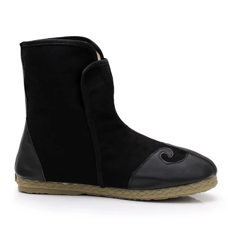 Unisex Black Swordsman Boots, Retro High Top, Kungfu Cosplay Shoes, PU Leather, Canvas Winter Boots, Zipper Shoes, Feet Warmer