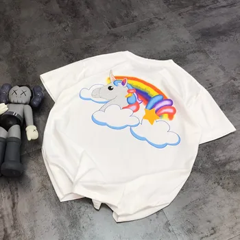 

2020 Spring Summer Women Casual and Loose Rainbow Unicorn Print and Iron Drill Round O Neck Short Sleeve T-shirt