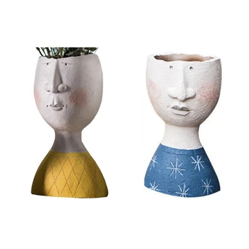 

2 Pcs Portrait Flower Pot Vase Sculpture Resin Face Handmade Garden Home Decoration, Height 31.5Cm & Height 17.8Cm