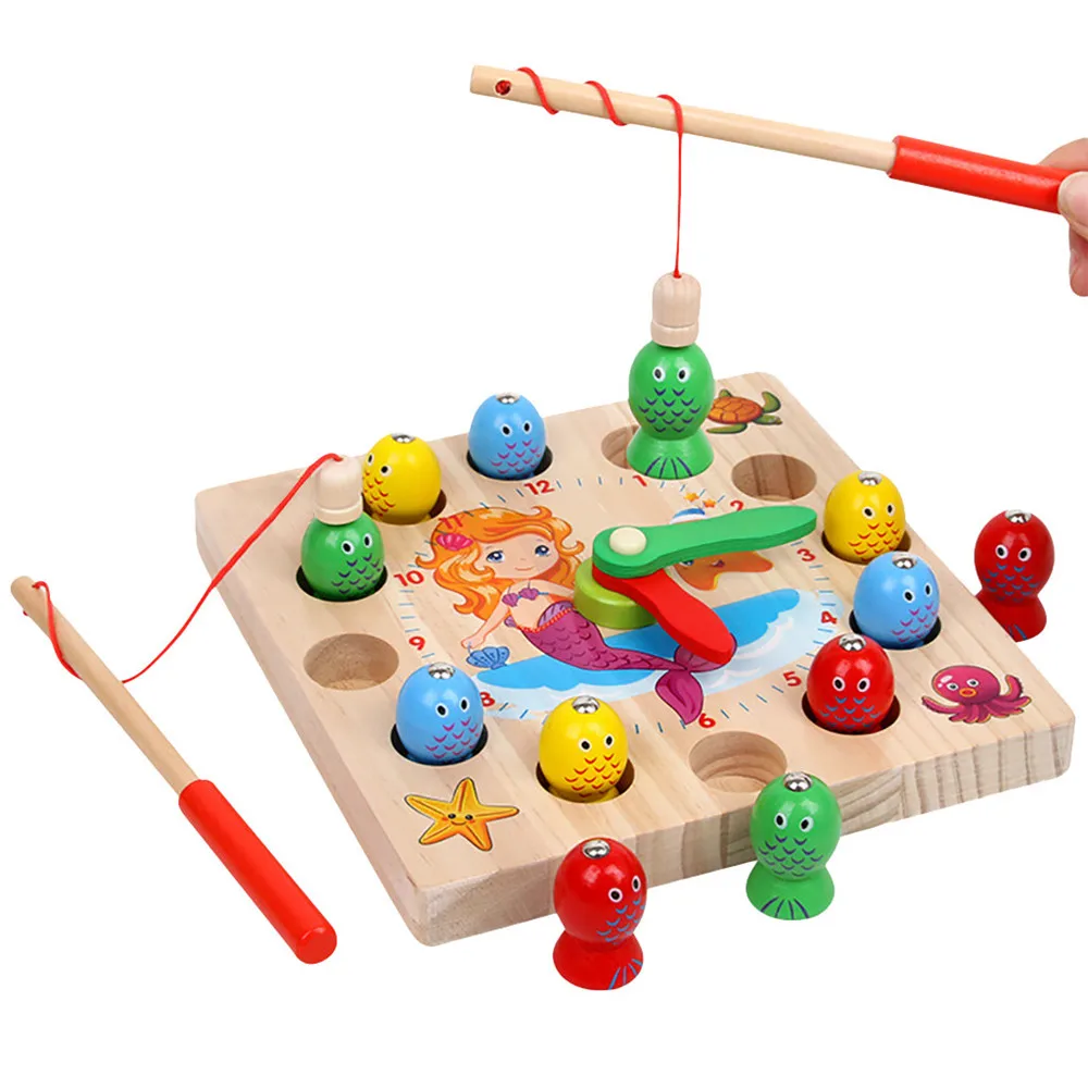 Детские деревянные часы, игрушки для рыбалки, деревянные магнитные рыболовные игры, 3D рыбки, детские развивающие игрушки, цифровые часы, игра-головоломка
