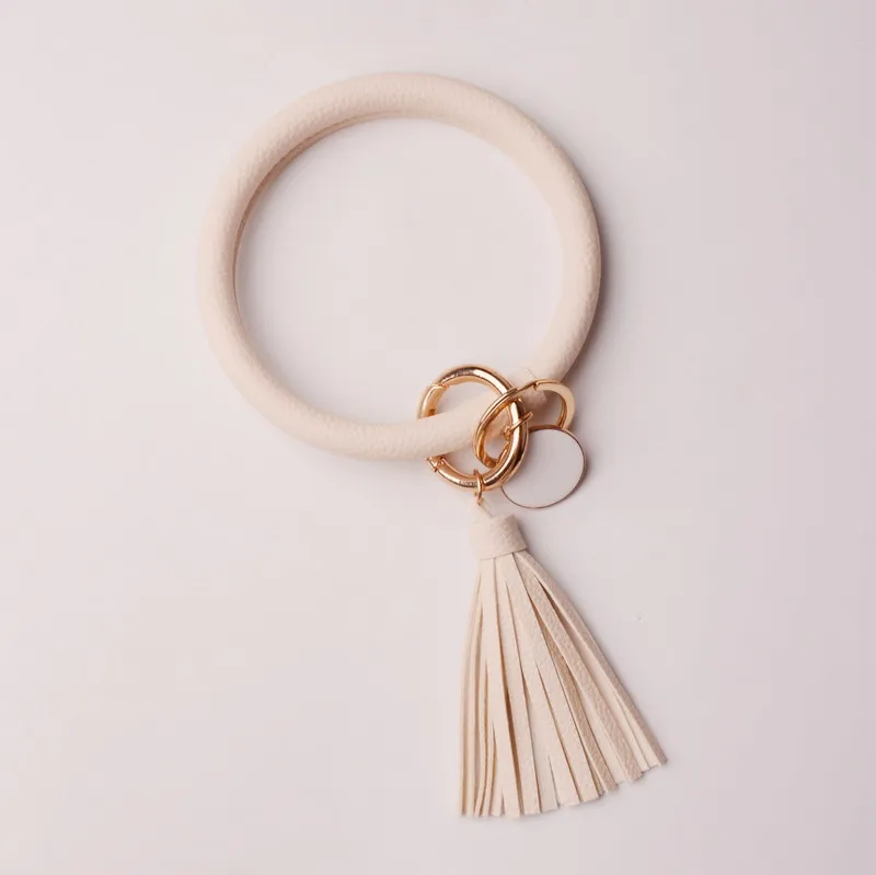DZ0090 beige Резиновые Новые Модные леопардовые брелок с кистями эмаль ПУ кожа O брелок монограмма круг браслет брелок для женщин девочек - Цвет: DZ0090 beige