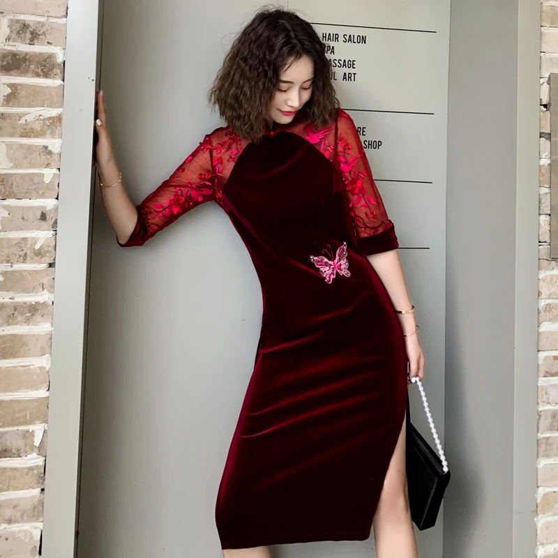 Женское сексуальное платье Cheongsam, Благородное кружево, пэтчворк, Сплит, китайское вечернее платье, традиционная вышивка, Qipao, классическое платье