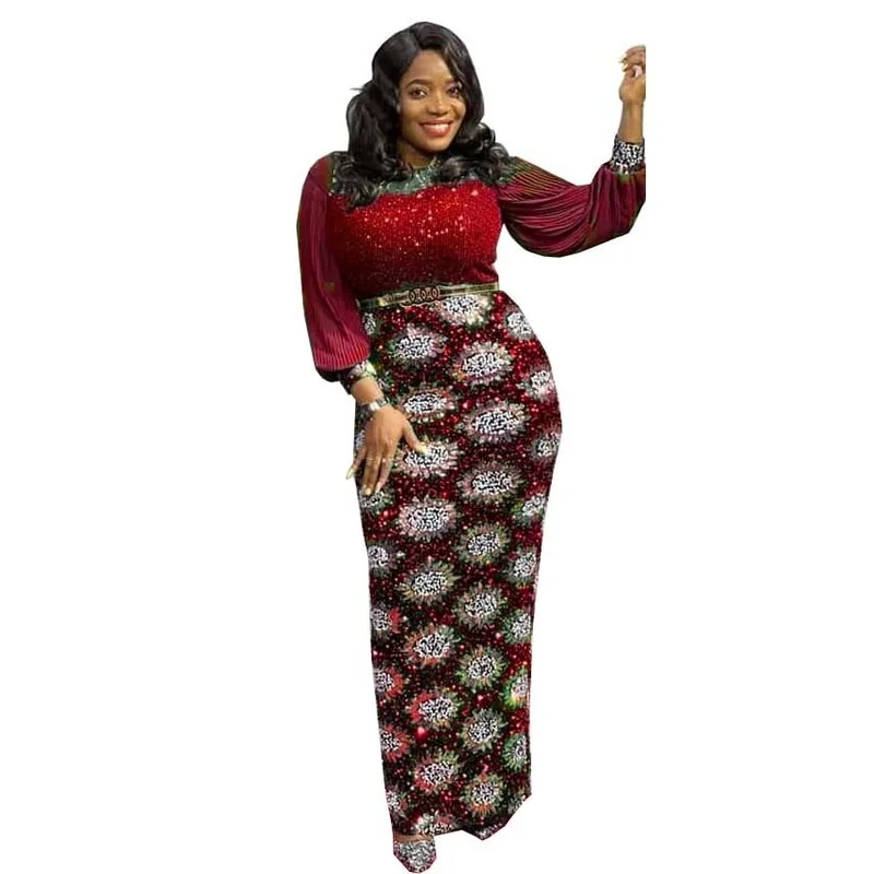 Elastic Sequins African Dresses for Women 2021 Christmas Dashiki Sexy Pleated Sleeve Maxi Bodycon Dress Party Clothes Robe Femme