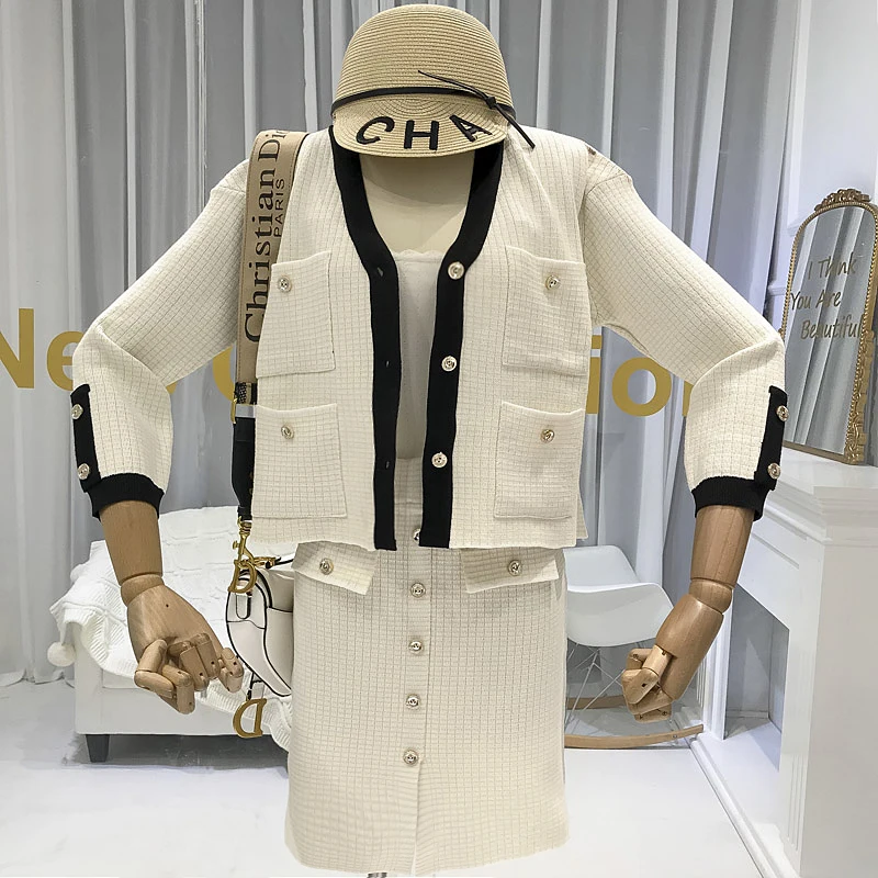 Бежевый ALPHALMODA французский элегантный вязаный костюм для женщин Ретро карман Вязаный Кардиган Куртка шаг юбка из двух частей Модный комплект - Цвет: Бежевый