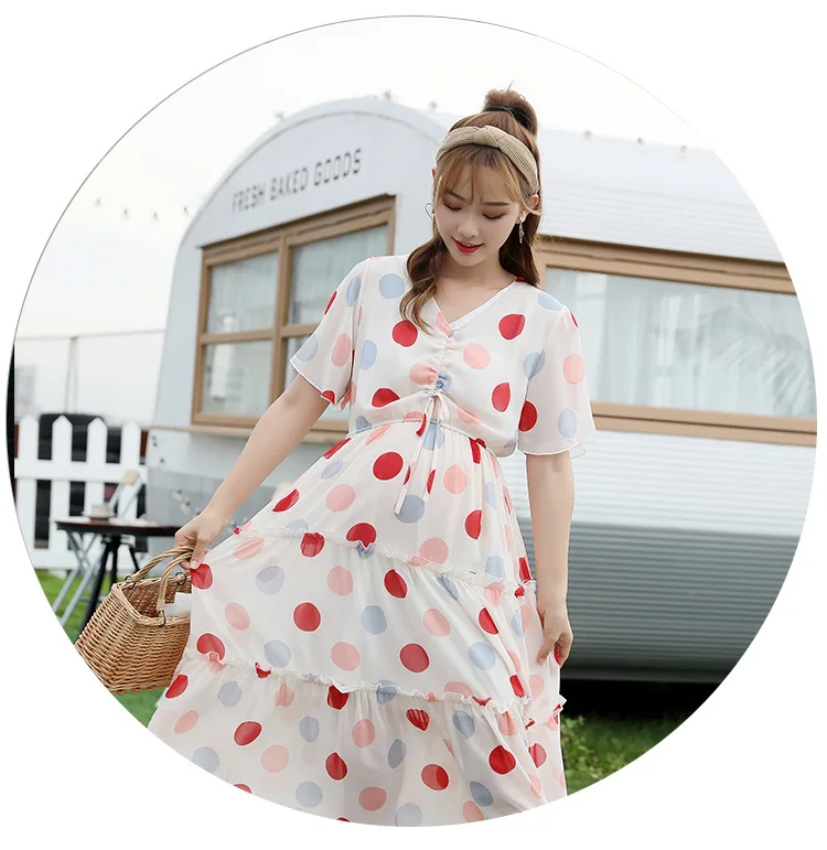 Взрывные модели, новое летнее платье для беременных женщин, шифоновое платье с v-образным вырезом, платье для беременных - Цвет: Красный