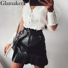 Glamaker женская черная юбка с высокой талией и оборками, сексуальный пояс, трапециевидная Осенняя шикарная кожаная юбка, элегантные женские вечерние юбки для клуба