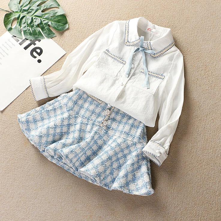 

5415 Preppy Style Embroidery Princess 2020 New Spring Baby Girl Clothing Set Outwear Top Jacket Shirt + Skirt Wholesale Clothes