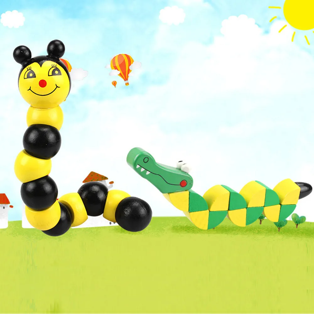 Educational Wooden Toys Cartoon crocodile Kids Cute Puzzle Baby Fingers Flexible Twisting Worm Toy 3d Cartoon Animal toy #A