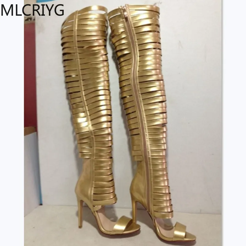 Women's shoes golden leather strip European and American Roman style catwalk high-heeled boots high-top sandals sandals