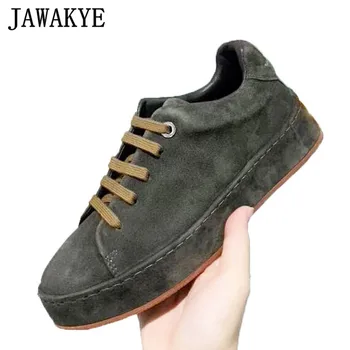 

JAWAKYE Suede Thick Bottom Flat Shoes Woman Lace up Casual Flat Shoes Female Round Toe Walking Sneakers New Spring Shoes Women