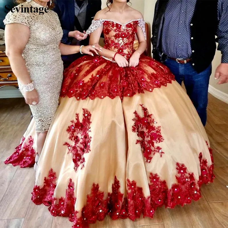 

Sevintage Champagne Red Lace Crystals Quinceanera Dress Satin Off the Shoulder Long Formal Prom Gowns Princess Sweet 16 Dresses
