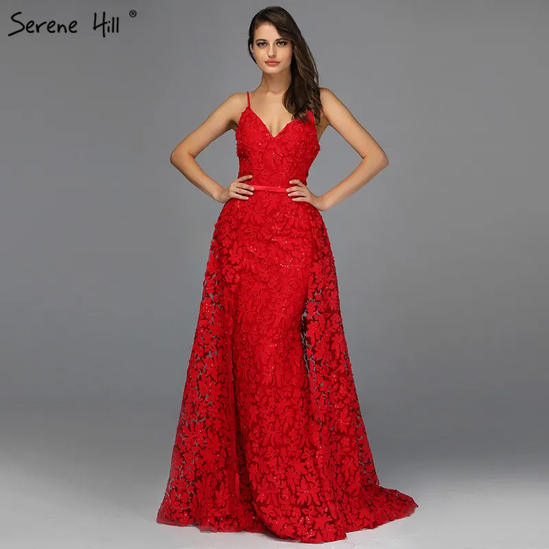 

Latest Design Red Sleeveless Sexy Evening Dresses 2019 Handmade Flowers Pearls Mermaid Evening Gowns Serene Hill LA70003