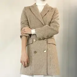 2019 осенний двубортный шерстяной Блейзер для женщин с зазубренным воротником в полоску с длинным рукавом свободный маленький костюм