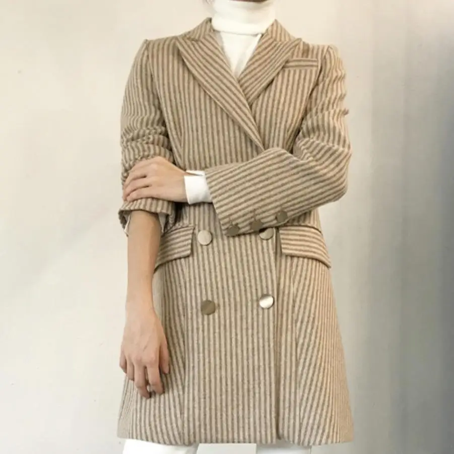 

2019 autumn double breasted woolen blazer women notched collar striped long sleeve loose small suit