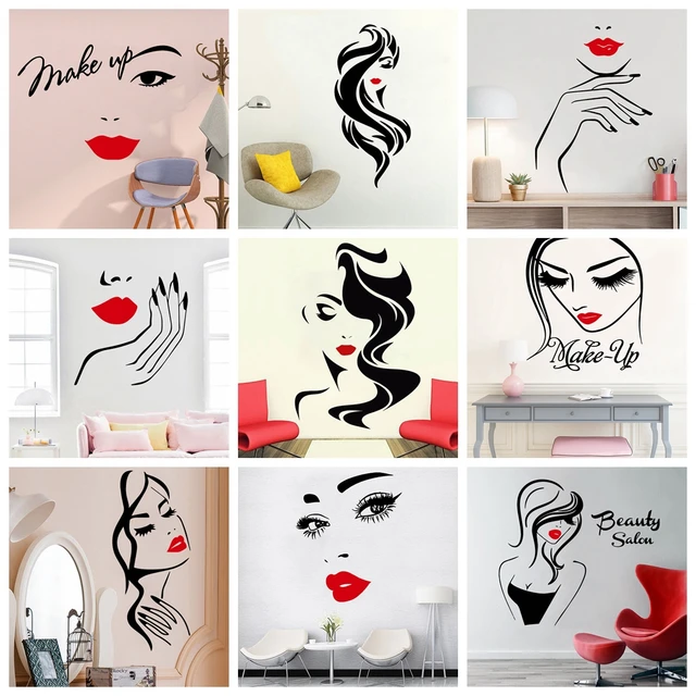Beauty Salon Wall Sticker Beautiful Lady Hairdresser For Lady's Red Lips Vinyl Makeup Sticker Hair Hairdo Barbers Decal 1