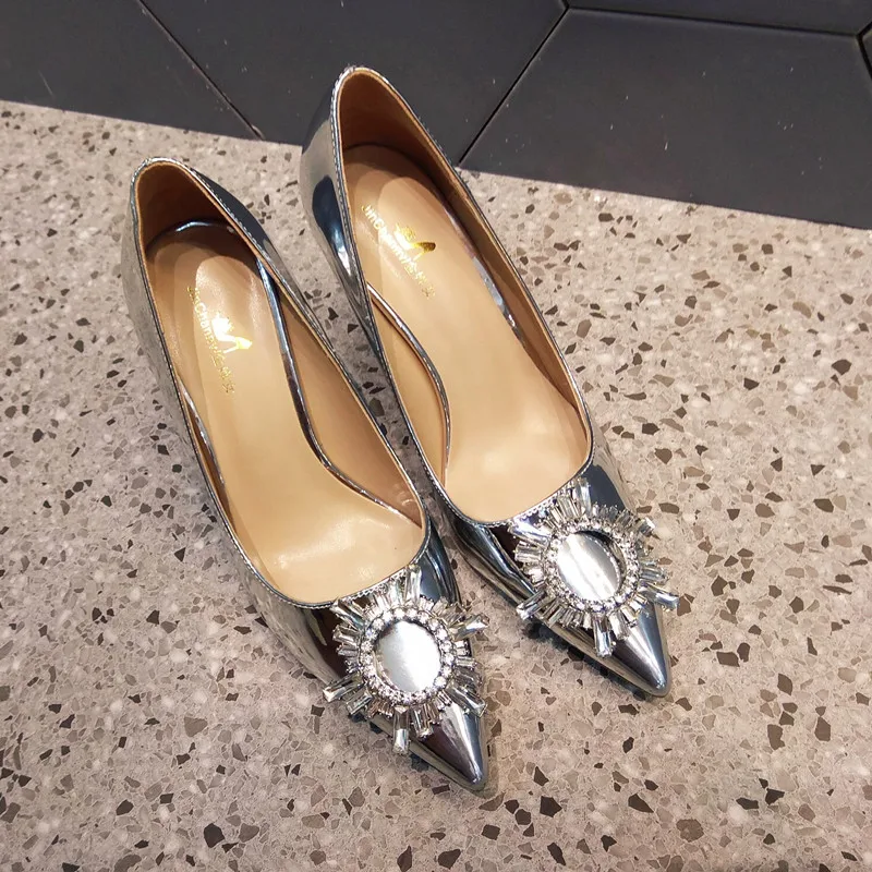 

new style fashion women pumps silver patent leather strass Rhinestone Point toe high heels bride wedding shoes