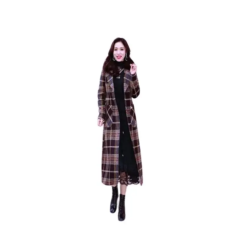 Female Mid-length Houndstooth Woolen Coat 2022 Women Winter New Temperament  Cotton Thick Large Fur Collar Plaid Jacket A808