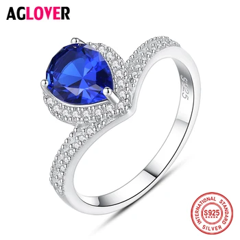 

2019 Woman 925 Sterling Silver Water Drop Ring Charm Blue Zircon Ring Luxury Wedding Jewelry Christmas Girl Gift