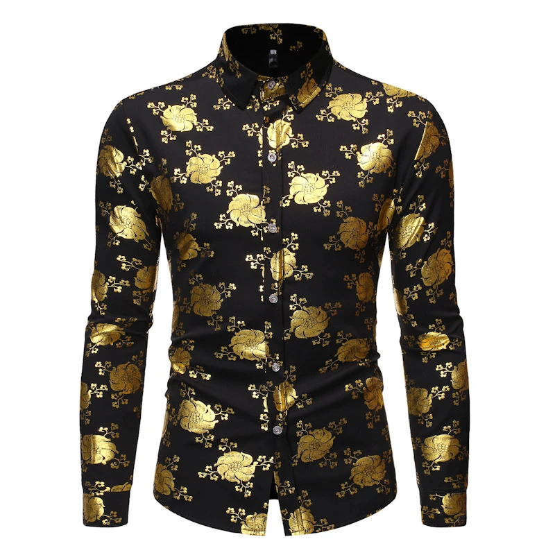 Camisa de lujo estampado floreado para hombre, ropa ajustada de manga para fiesta, discoteca, color dorado, novedad de Otoño de 2021|Camisas - AliExpress
