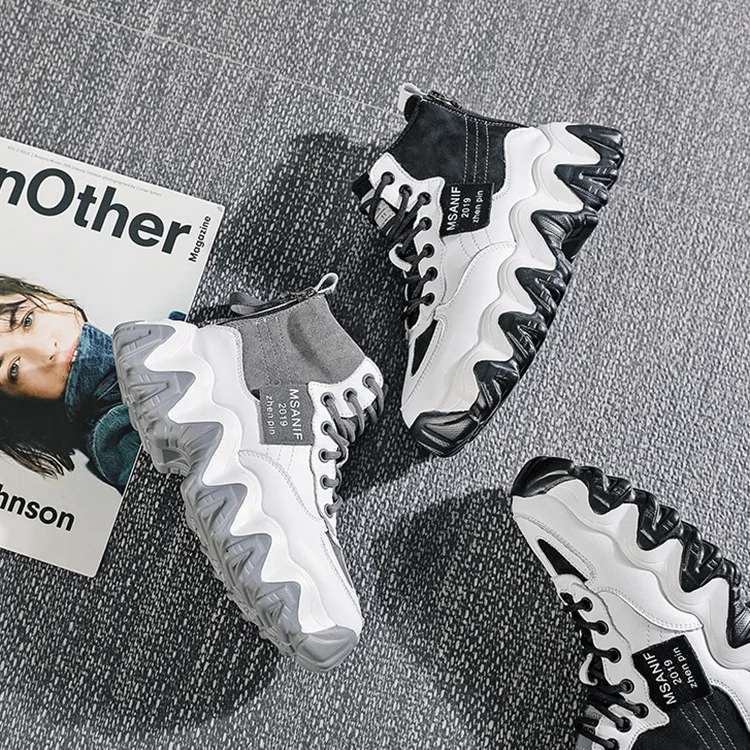 

2019 New Style Genuine Leather Sports Casual Thick Bottomed Double Zipper Versatile Online Celebrity Platform Hight-top plus Vel