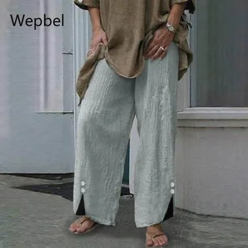 

WEPBEL Fashion Casual Women Pants Solid Color Buttons Wide Leg Pants Plus Size Loose Mid Waist Summer Trousers