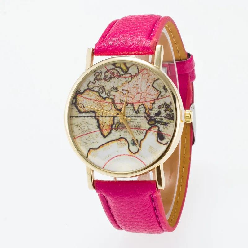 

0078 Circle Gold Watchcase Retro Map Dial Multi-color Selectable Hide Substance Watch Strap Casual Watch Men And Women-