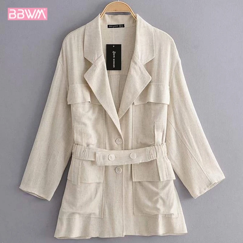 

Lapel Long Sleeve Belt Waist Pocket Women's Jacket 2019 Autumn New Tooling Thin Section Sunscreen Cotton and Linen Female Coat