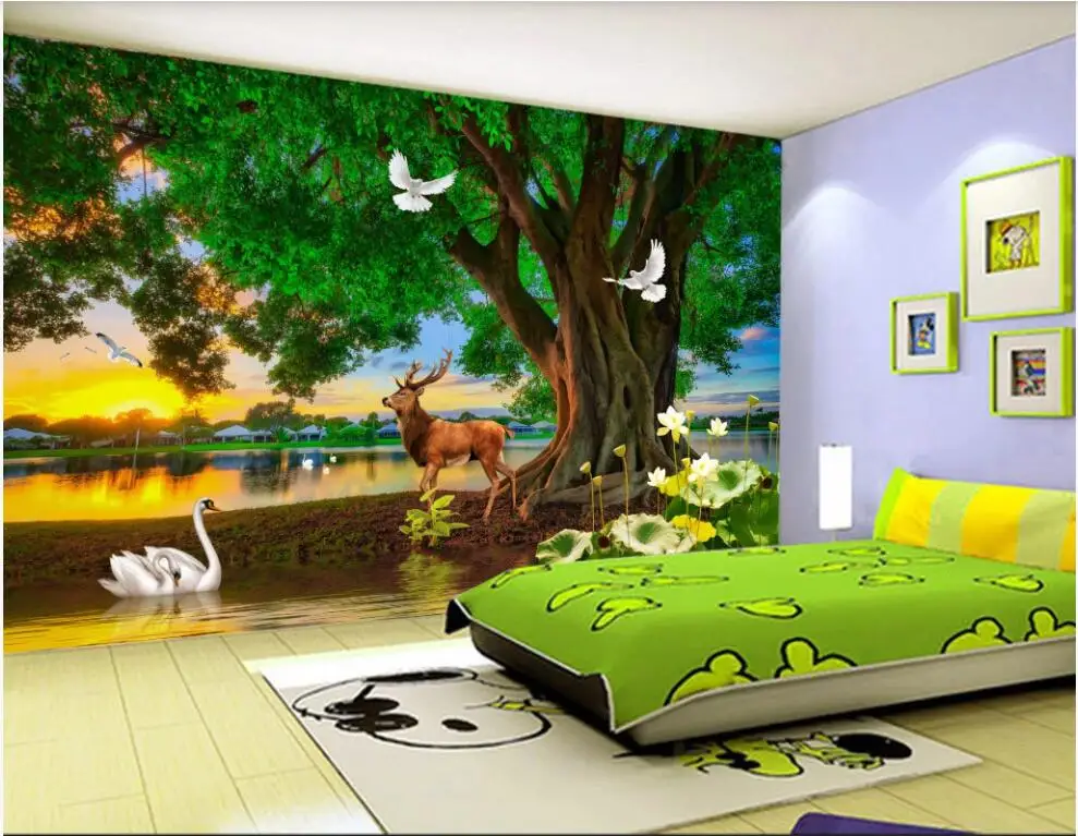 

Custom photo 3d wallpaper Green big tree elk swan lake scenery living room home decor 3d wall murals wallpaper for walls 3 d