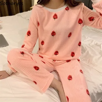 

Pajama Sets Women Sweet Pink Printed Cute All-match Loose Warm O-Neck Trendy Students Pajamas Womens Loose Clothing Female Daily