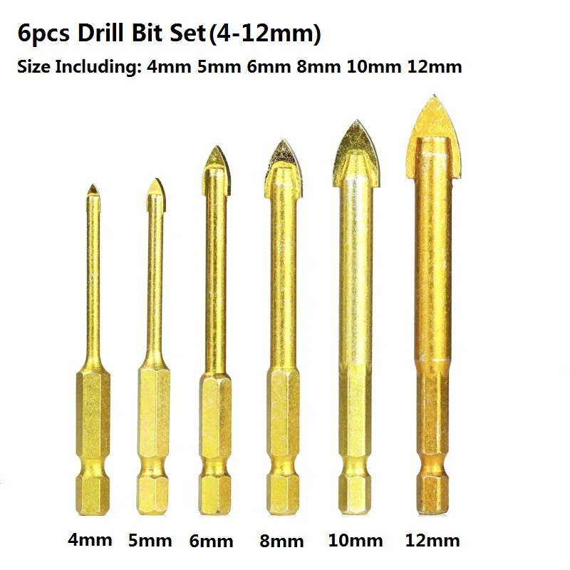 6pcs 4-12mm 5 шт. 1/4 ''шестигранным хвостовиком Вольфрам карбида вольфрама TCT Стекло сверла набор Титан покрытием Мощность инструменты аксессуары для ванной комнаты настенное/Стекло буровая скважина - Цвет: 6pcs 4-12mm