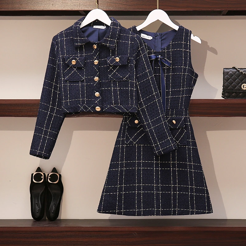 

Small Fragrance Sets Women's Dress Set Spring Autumn 2 Piece Tweed Dress Suit Long Sleeve Short Jacket Vest Dress 4XL Plus Size