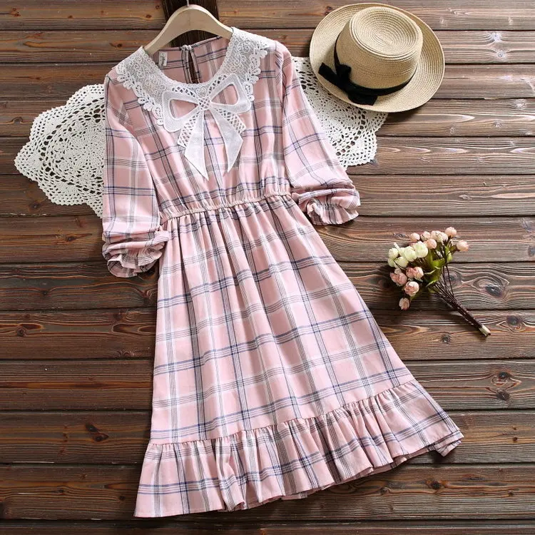 

Autumn And Winter New Style Mori Girl Line Bow Waist Hugging Loose And Plus-sized Long Sleeve Cotton Plaid Dress Students S28626