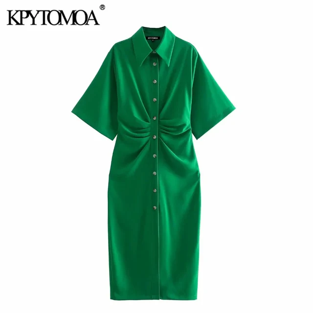 KPYTOMOA Women 2021 Chic Fashion Button up Draped Midi Shirt Dress Vintage Short Sleeve Side Zipper