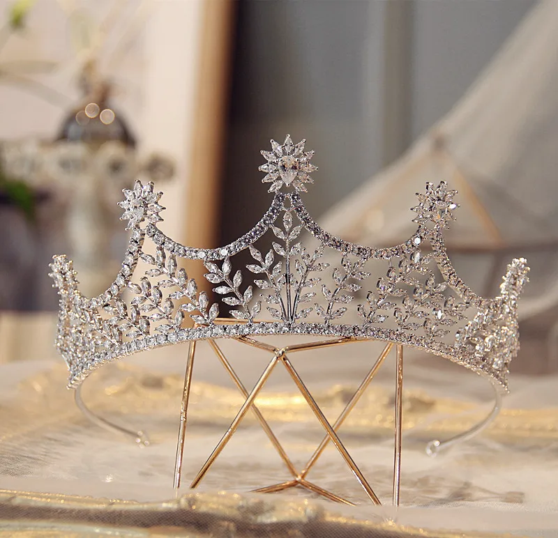 

Leaf Full AAA Clear Cubic Zirconia Tiaras Sparking Brides Wedding Crown Luxury Zircon CZ Princess Diadem Prom Hair Jewelry Gifts
