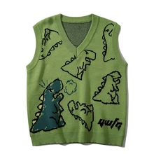 Hip Hop Sleeveless Pullover Men Dinosaur Monster Knitted Sweater Vest Men Women Harajuku Cartoon Anime Vintage V-neck Streetwear