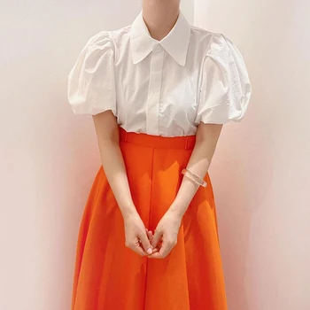 

Women Two Piece Set Top and Skirt Elegant Puff Sleeve White Blouses and High Waist Long Pleated Skirt Casual 2 Piece Set Summer