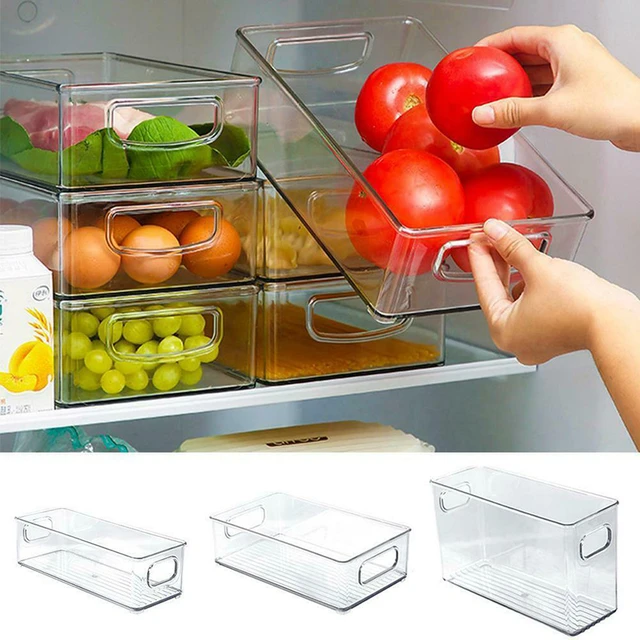 Fridge Drawer Pull Out Stackable Bins with Handle Clear