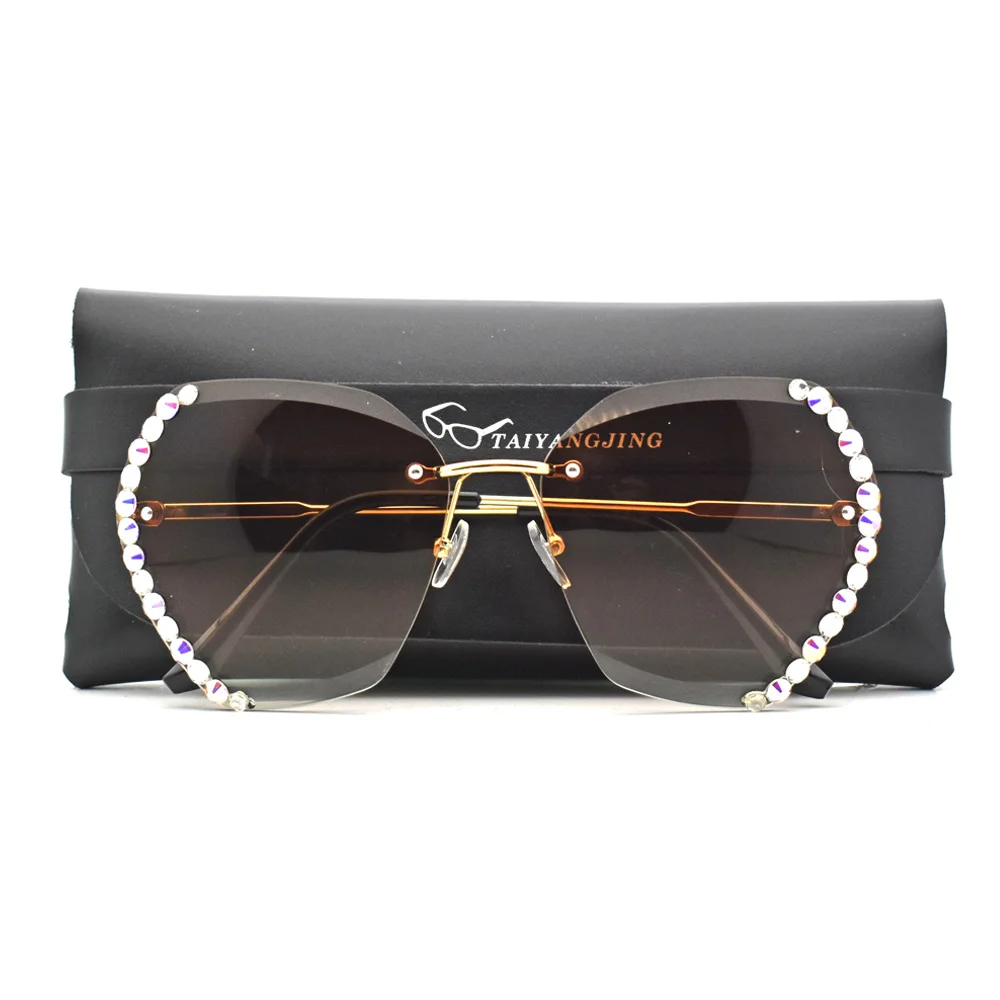 

Trending Hand-made Rhinestone Rimless Sunglasses Women 2020 Luxury Brand Designer Oversized Sun Glasses Gradient Shades Eyewear