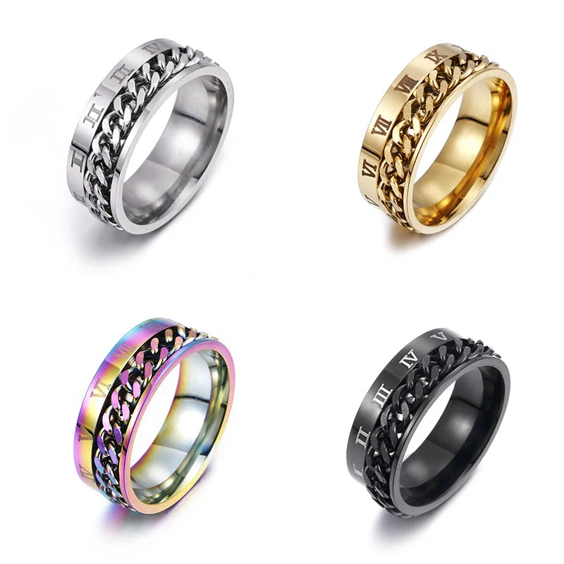 Hiphop-Anillo giratorio de acero inoxidable para hombre, joyería de moda con números romanos, 8mm de ancho