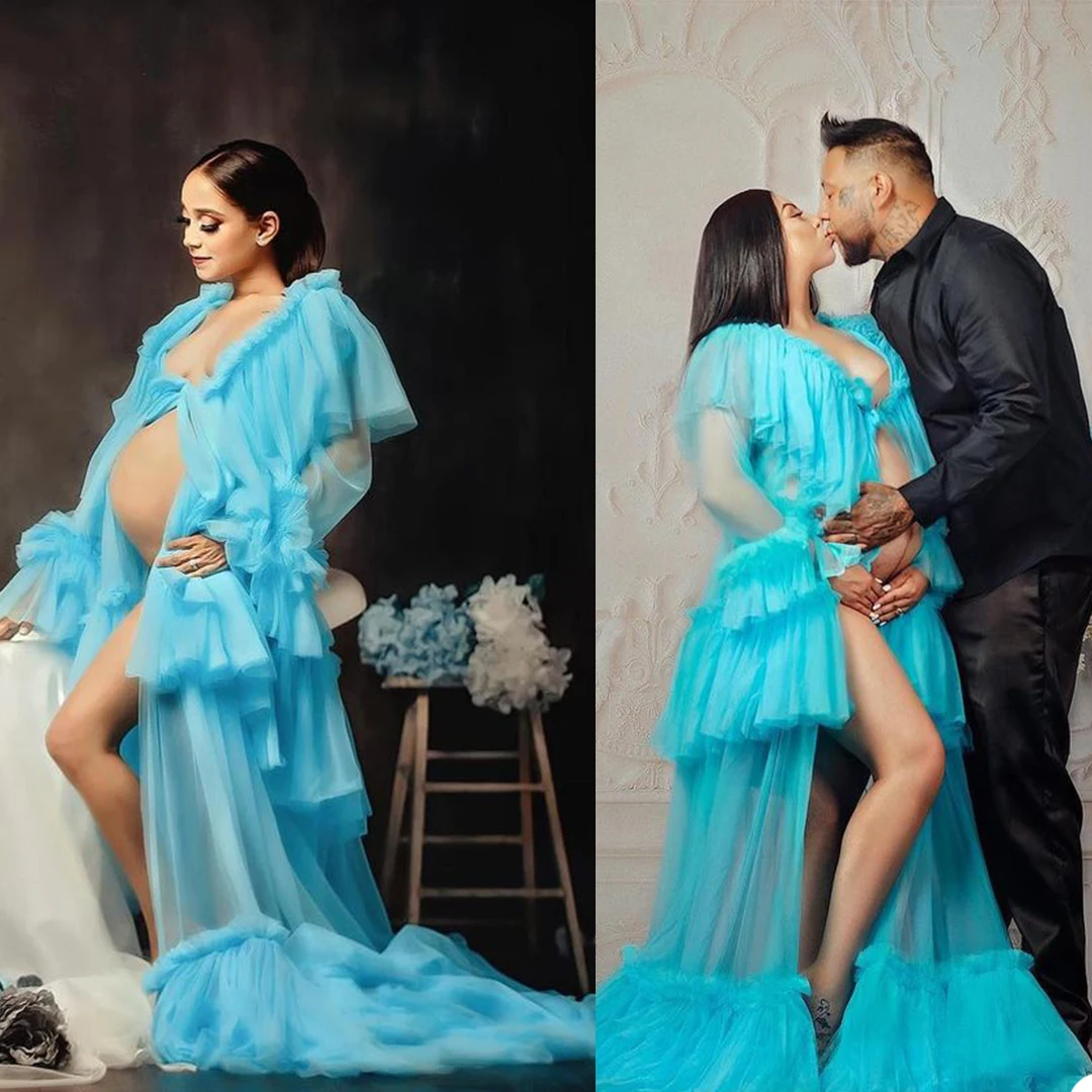 

Blue See Through Tulle Maternity Dress for Photography Long Sleeve Pregnant Woman Gowns Photo Shoot Robes Sleepwear Evening Robe